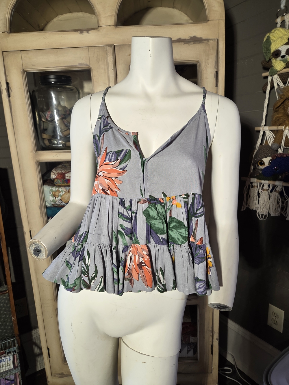 Patrons of Peace Gray Floral Tiered V-Neck Cami with Coral & Green Accents